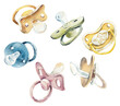 Baby's pacifiers. Multi-colored. Watercolor hand drawn illustration