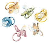 Fototapeta  - Baby's pacifiers. Multi-colored. Watercolor hand drawn illustration
