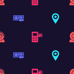 Poster - Set Location with star, Cash back, Pos terminal and Web camera on seamless pattern. Vector