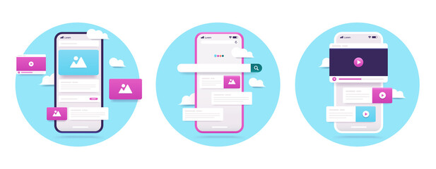smartphone ui collection - set of mobile phone vector illustrations with user interface graphical el