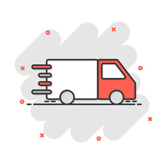 Truck icon in comic style. Auto delivery cartoon vector illustration on white isolated background. Lorry automobile splash effect business concept.