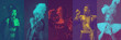 Portraits of group of medieval people on retro-styled background in duotone style, collage.