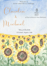 Watercolor Wedding Invitation With Sunflowers Field And Blue Sky