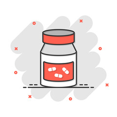 Wall Mural - Pill bottle icon in comic style. Drugs cartoon vector illustration on white isolated background. Pharmacy splash effect business concept.