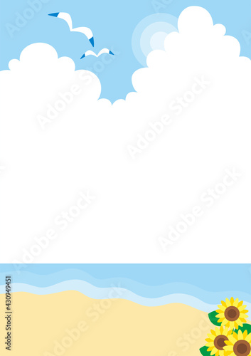 Fotomural 爽やかで穏やかな夏の砂浜のイラスト 可愛い シンプル 海 背景 コピースペース 入道雲 ヒマワリ Ref