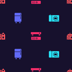 Sticker - Set Photo camera, Refrigerator, Multimedia and TV box and House on seamless pattern. Vector