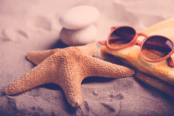 Funny starfish and seashells on the summer beach with sand