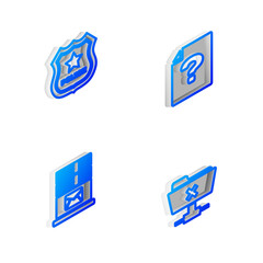 Sticker - Set Isometric line Unknown document, Police badge, Mail server and FTP cancel operation icon. Vector