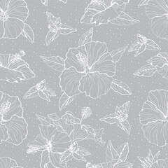 Poster - Seamless pattern with line art blue and yellow hibiscus flowers, buds and leaves, with white outline. On gray background. Stock vector illustration.