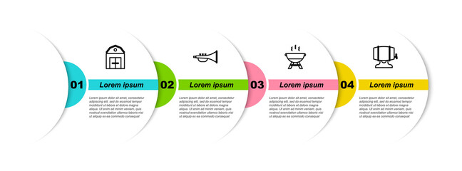 Sticker - Set line Farm House, Musical instrument trumpet, Barbecue grill and Wooden barrel on rack. Business infographic template. Vector