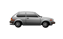 1980's Classic Retro Grey Subcompact Fastback Sedan Car On A White Background, Side View, Flat Style 