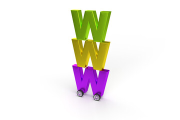 Wall Mural - colorful word www one on another on wheels as a car on isolated white background.