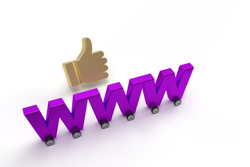 Wall Mural - purple word www on wheels as a car with gold hand ok or thumb up on isolated white background.