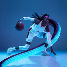 Beautiful Basketball Player With Long Fluid Flood On Gradient Background. Negative Space To Insert Your Text. Modern Design. Contemporary Colorful And Conceptual Bright Art Collage.