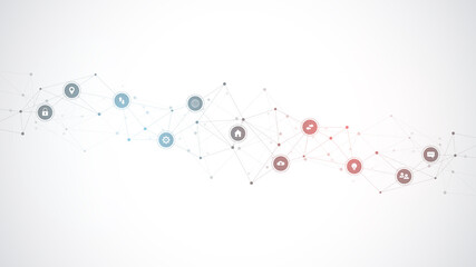 Wall Mural - Information technology background with infographic elements and flat icons. Digital technology, network connection and communication concept