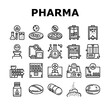Pharmaceutical Production Factory Icons Set Vector. Laboratory Manufacturing Pharmaceutical Product, Tablet Drug And Capsule, Powder And Pills Black Contour Illustrations