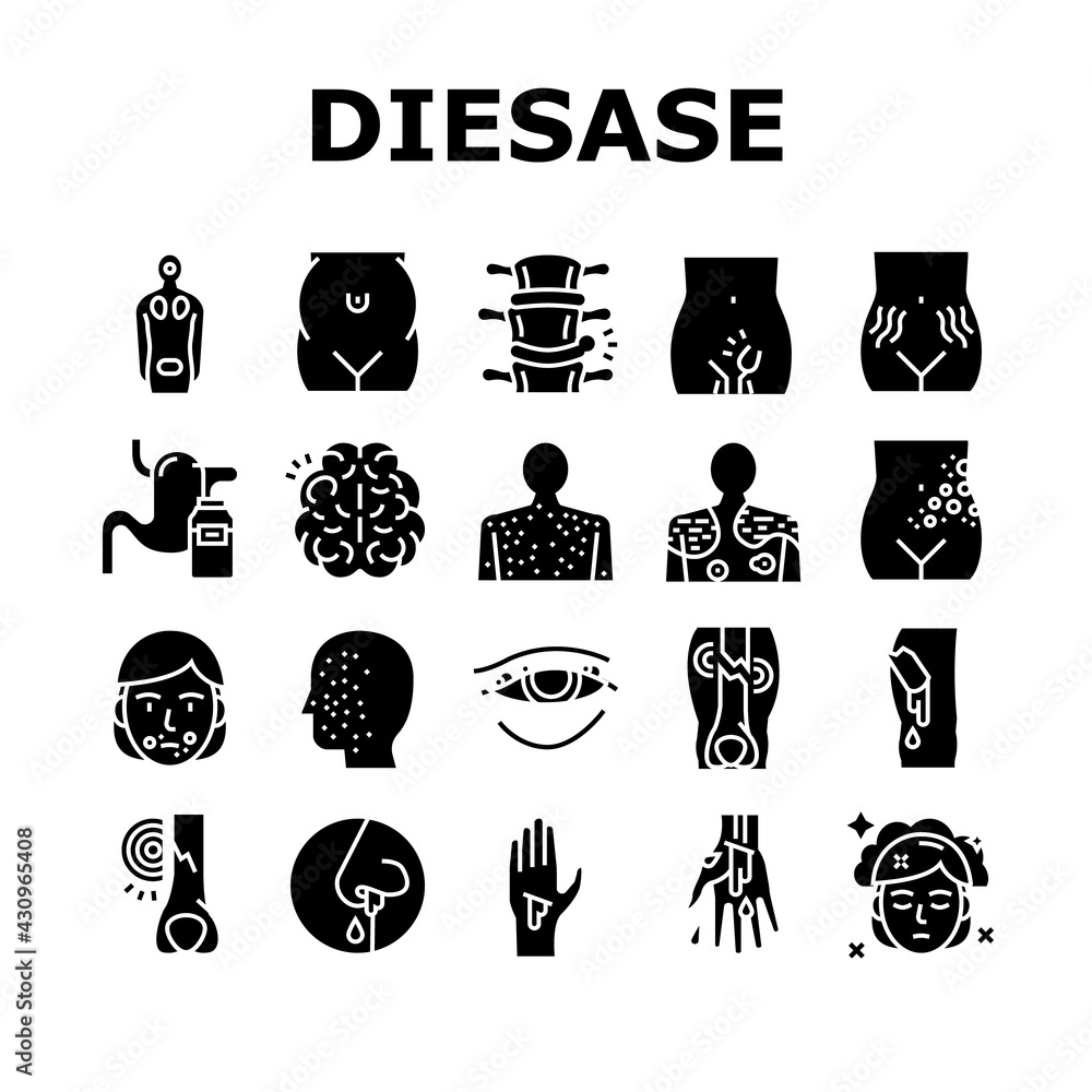 Disease Health Problem Collection Icons Set Vector. Open And Closed Limb Fracture, Nose And Arterial Bleeding, Herpes And Acne Disease Glyph Pictograms Black Illustrations