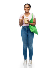 Poster - sustainability, food shopping and eco friendly concept - happy smiling african american woman with reusable green tote bag eating takeaway wok with chopsticks over white background