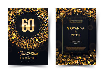 Wall Mural - 60th years birthday vector black paper luxury invitation double card. sixty years wedding anniversar