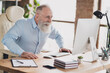 © deagreez - Photo of cheerful positive charming old businessman wear glasses look computer sit table indoors inside office