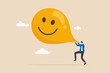 Maximize happiness, let go anxiety and think positive concept, man blow big smile yellow balloon.