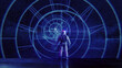 Astronaut in virtual space with abstract navigation display - illumnated by neon lights | Sci-Fi Time & Space Travel Konzept | 3D Render Illustration