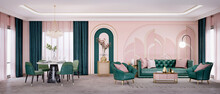 Panorama Of Art Deco Style  Living Room And Dining Area With Sofa,armchair.3d Rendering