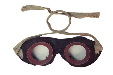 vintage steampunk leather safety googles with ropes for tying at back of the head. back side. isolated on white background