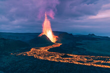 Very Big Explosion Of Lava Erupting From The Volcanic Crater In Iceland. 