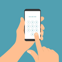 Flat Design Illustration Of Male Hand Holding Mobile Phone. Enters The PIN Code On The Numeric Keypad Of The Touch Screen, Vector