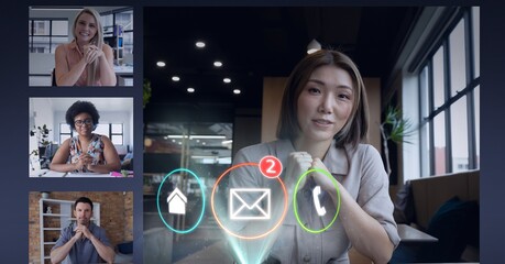 Poster - Composition of digital call icons over businesswoman on video call screen with work colleagues