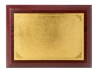 Wood plaque with gold plate isolate on white background