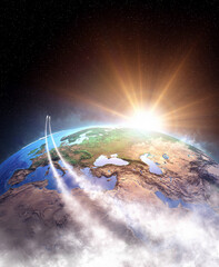 Wall Mural - spaceships orbiting planet earth, ready for universe exploration and constellations discovery, sun s