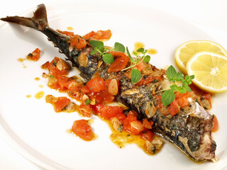 Wall Mural - Mackerel - Grilled Fish with Tomato, isolated on white Background.