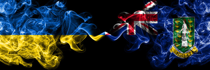 Ukraine, Ukrainian vs Britain, British Virgin Islands smoky mystic flags placed side by side. Thick colored silky abstract smokes flags.