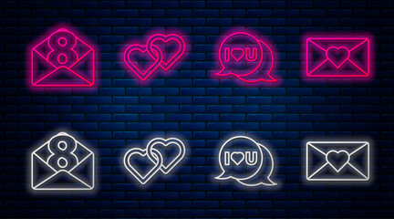 Set line Two Linked Hearts, Speech bubble with I love you, Envelope with 8 March and Envelope with 8 March. Glowing neon icon on brick wall. Vector