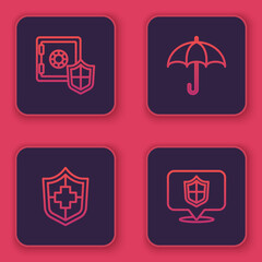 Sticker - Set line Safe with shield, Life insurance, Umbrella and Location. Blue square button. Vector