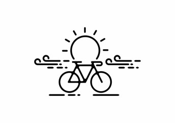 Wall Mural - black line art illustration of bicycle with big sun shape
