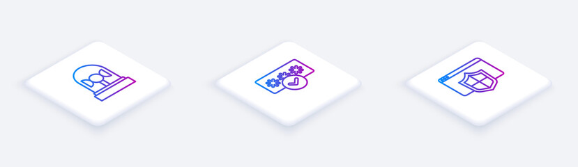 Canvas Print - Set Isometric line Flasher siren, Password protection and Browser with shield. White square button. Vector