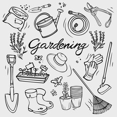 Garden tools doodle set. Hand equipment for gardening, farming, agriculture. Vector icons in sketch style on white.