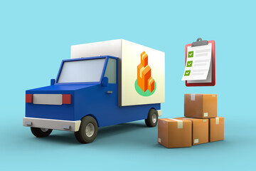 Delivery truck and packages check list, 3d illustration