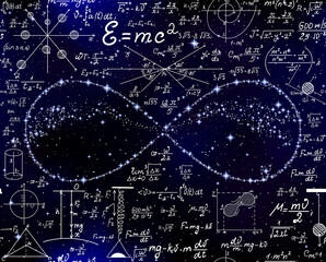 Scientific space vector seamless background with handwritten math formulas, calculations and infinity sign 