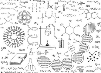 Scientific chemistry vector seamless pattern with handwritten chemistry formulas and equipment