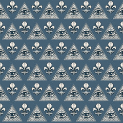 Wall Mural - Geometric seamless pattern with All-seeing eye inside triangle pyramid and fleur de lys. Vector background with hand-drawn Eye of Providence and heraldic lily in vintage style on a grey backdrop