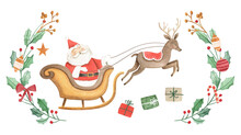 Watercolor Christmas Illustration With Santa Claus, Sled And Reindeer With  Gifts 