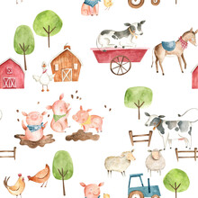 Watercolor Baby  Farm Animals Illustration Seamless Pattern  Tile With Cow, Horse, Pig, Chicken, Hen