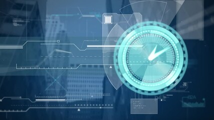 Wall Mural - animation of clock moving fast and data processing over cityscape