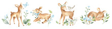 Watercolor baby deers forest woodland animals with blue flowers illustration