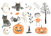 Halloween Watercolor Icons Illustration Set  With Pumpkin, Mummy, Spider And Bat