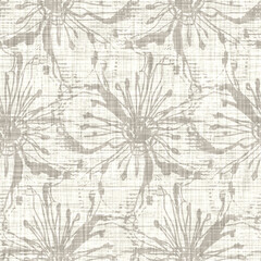 Seamless french taupe floral farmhouse linen printed fabric background. Light mottled grey cottage pattern. Shabby chic woven 2 tone cloth effect. Textile rustic organic ecru neutral all over print. 
